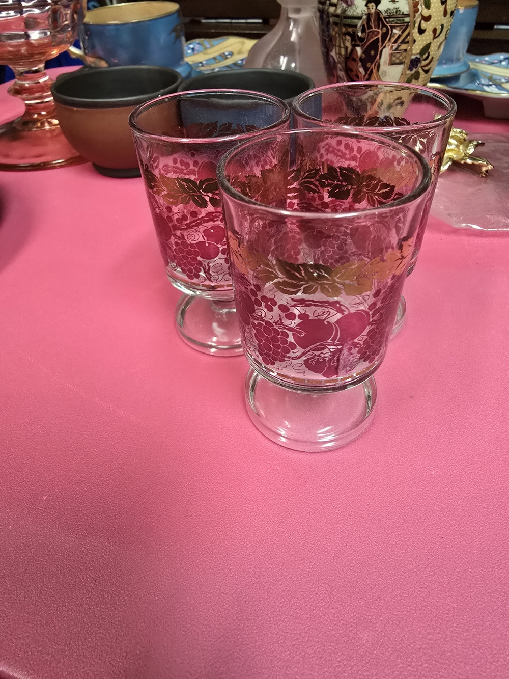 Vintage Made In France Cordial Glasses Rose Pink Floral Gold Accent - Set of 3